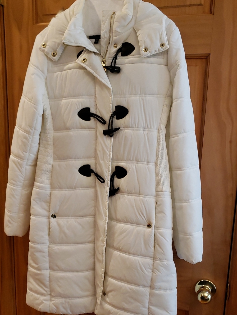 Express White Long Puffer Coat with Black Toggle Accents
